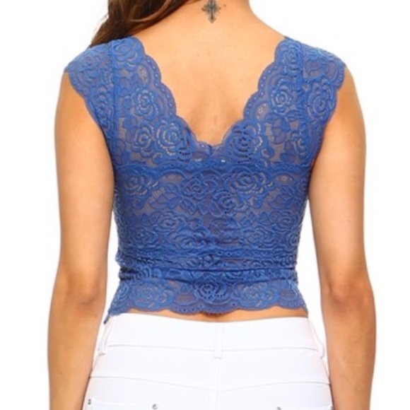 Crop top blue floral shirt sleeve top Bralette - Picture 3 of 4